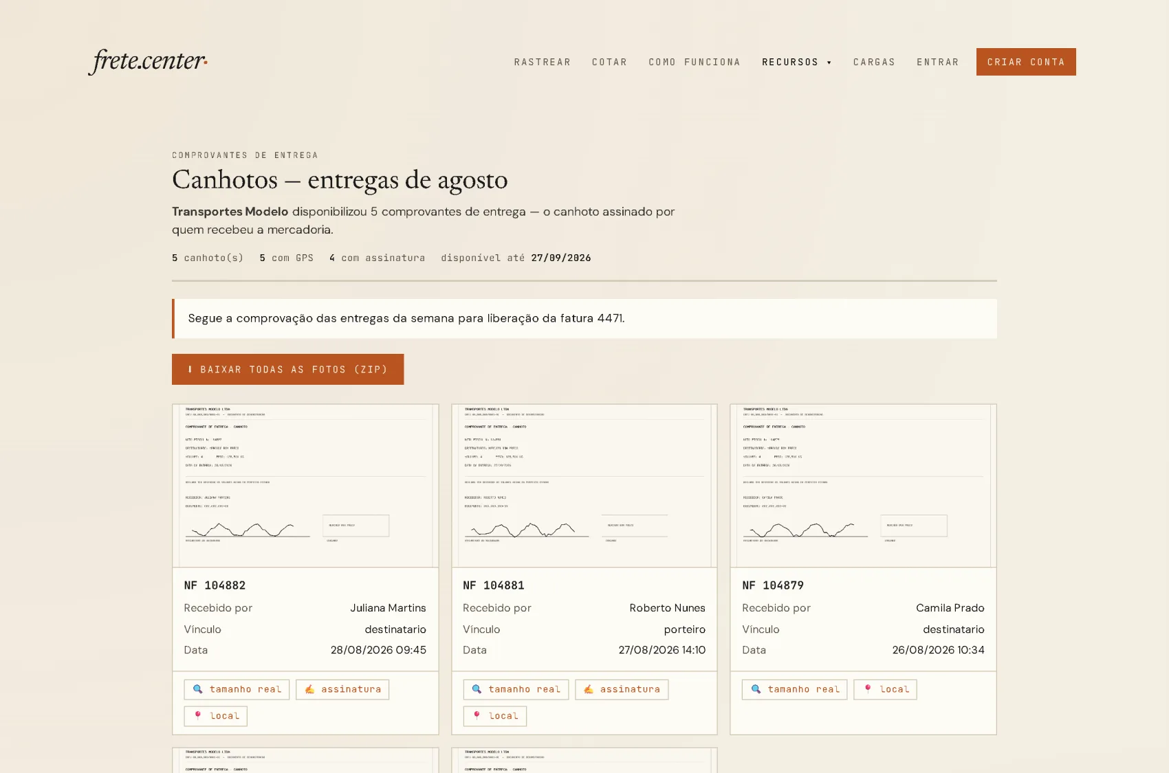 A página que o cliente abre pelo link: título, recado da transportadora, botão para baixar tudo e os canhotos com foto, recebedor e data