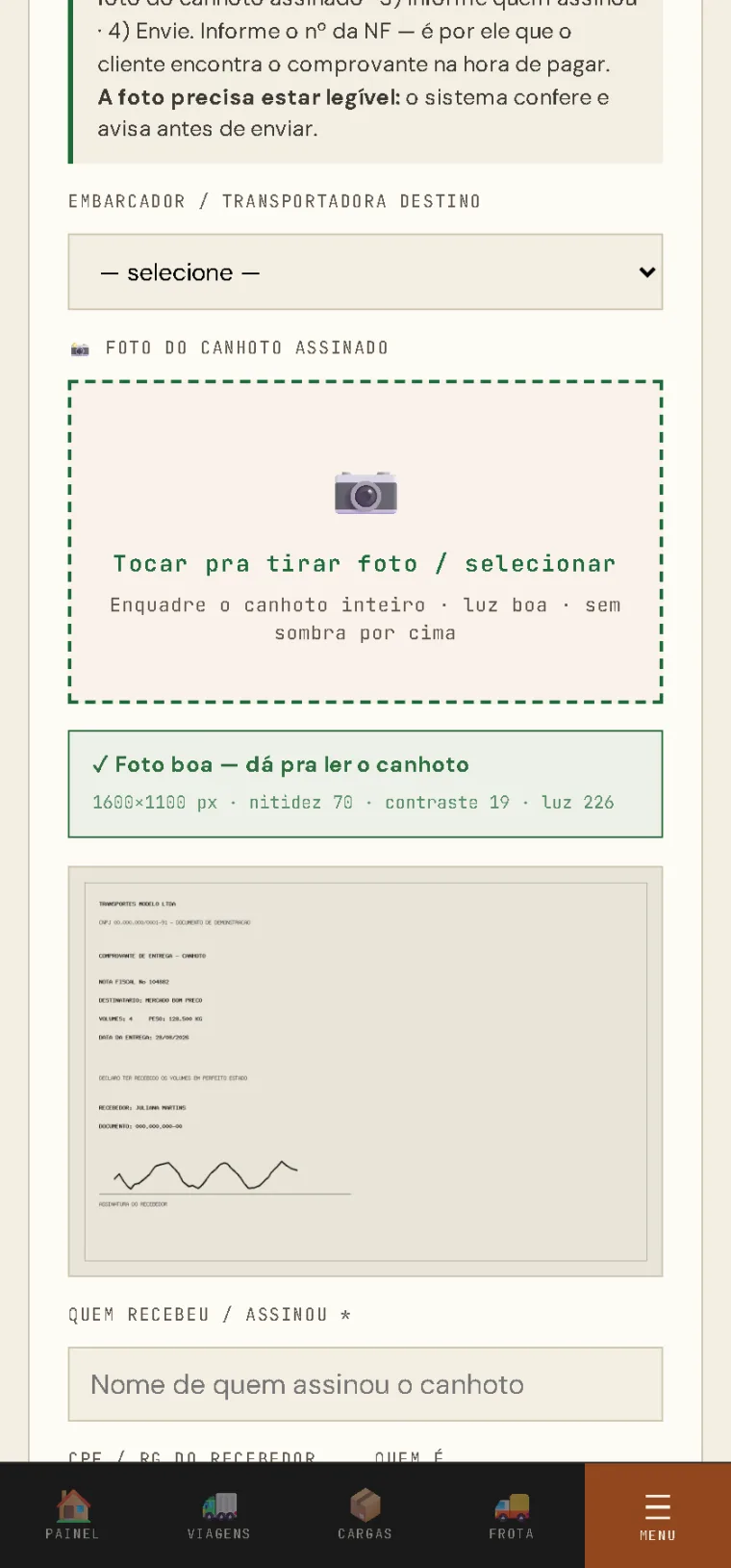 Aviso verde na tela do celular: foto boa, dá para ler o canhoto
