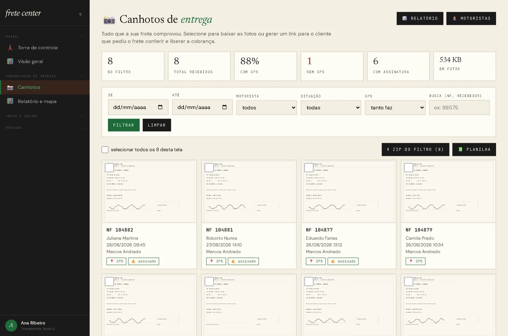 Tela de canhotos da transportadora: cartões com a foto de cada canhoto, número da nota, quem recebeu, data e se tem GPS